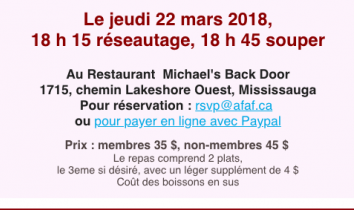 Souper Mensuel de l’AFAF le 22 Mars 2018